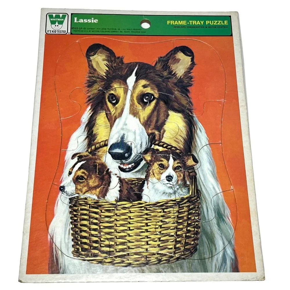 Vintage 1973 Whitman Cardboard Frame-Tray Puzzle Lassie with Basket of Puppies